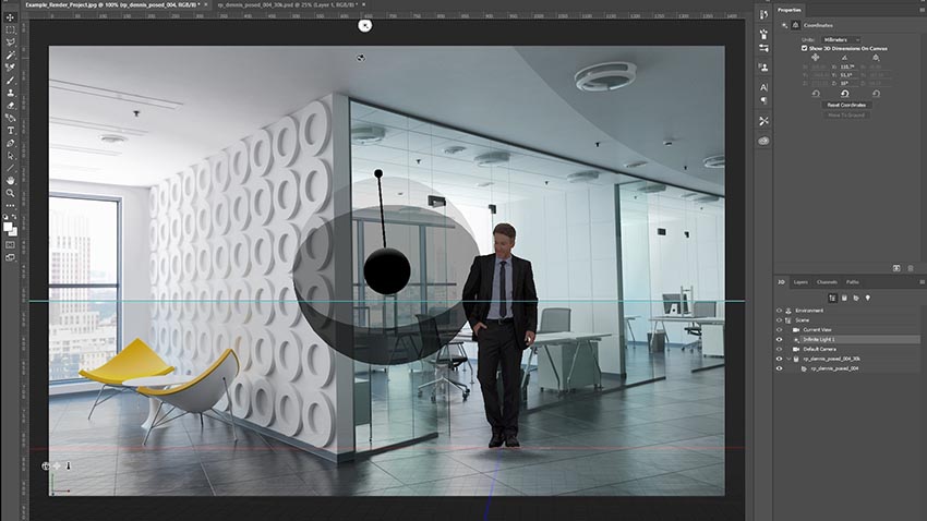 Photoshop UI showing placement of a human 3D model