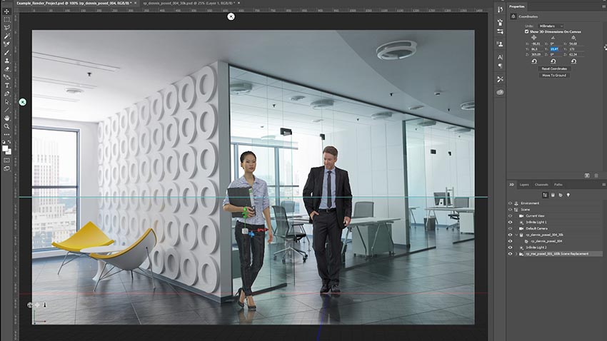 Photoshop UI showing import of two 3D people into interior rendering