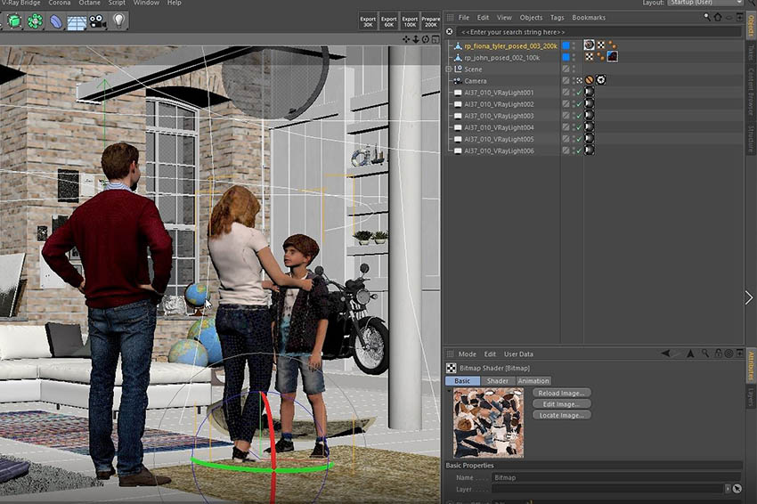 Cinema 4D viewport with interior scene showing scanned family 3D Humans