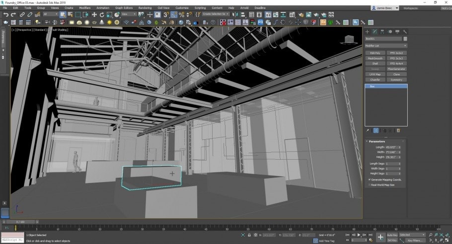 Viewport of 3ds max showing a warehouse
