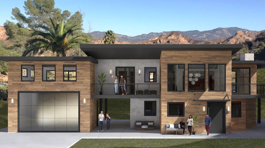 Exterior Rendering of the 3D visualized living room Malibu Home