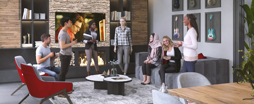 Rendering of a 3D interior scene with 3D People standing in the middle of a living room