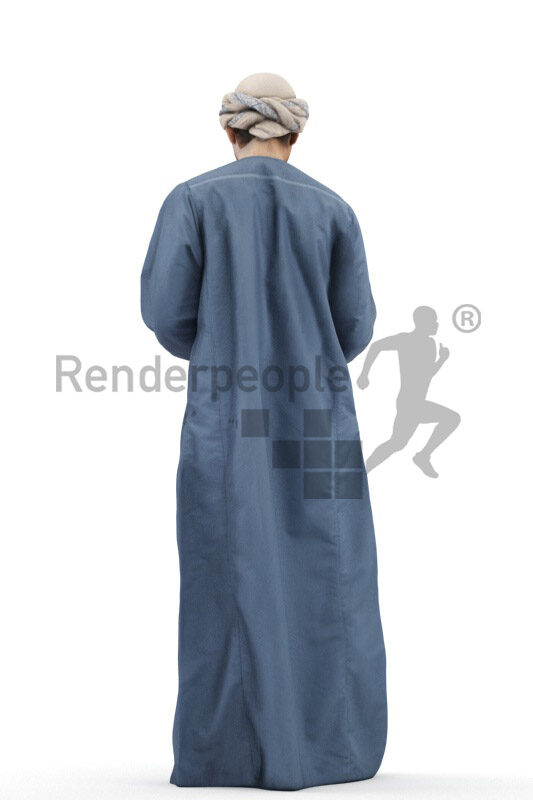 Scanned 3D People model for visualization – middle eastern man in casual traditional clothes, standing and typing on his smartphone