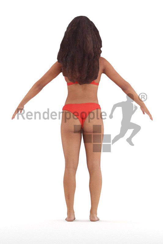 Rigged 3D People model for Maya and 3ds Max – black young woman in red bikini, for beach and pool renderings