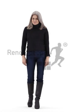 Scanned human 3D model by Renderpeople – elderly european woman in casual winter look, walking