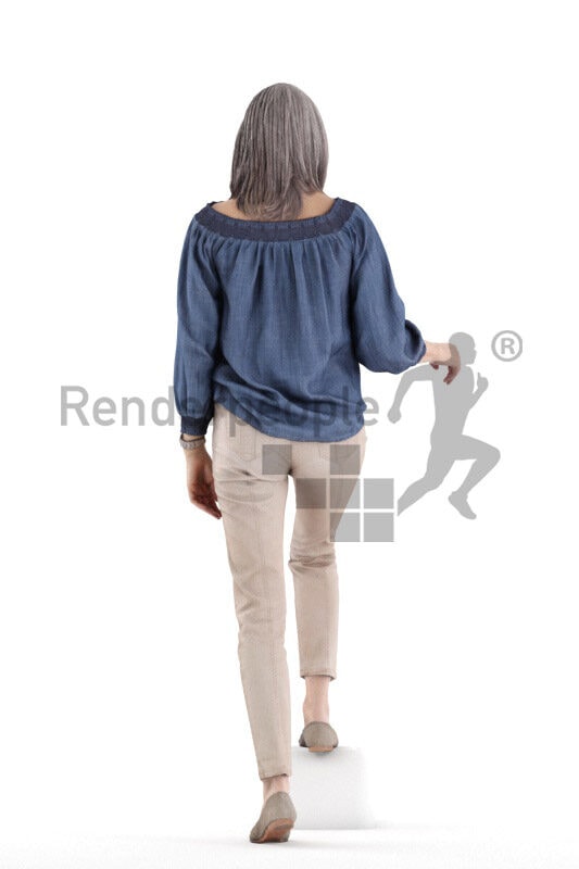 Posed 3D People model for renderings – elderly white woman in smart casual shirt, walking upstairs
