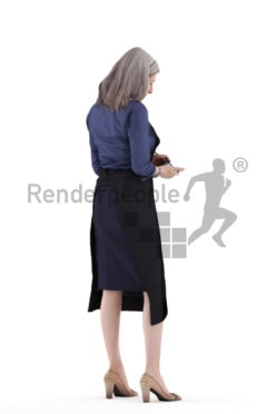 3d people gastronomy, 3d elderly white woman, standing and taking notes
