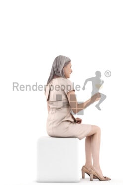 3D People model for 3ds Max and Sketch Up – elderly white woman in event dress, sitting and holding a glass of champagne