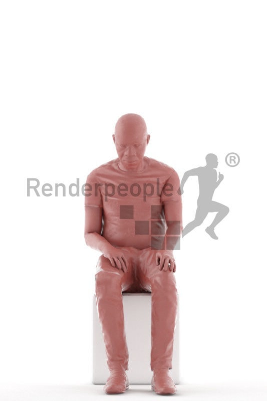 Animated 3D People model for realtime, VR and AR – elderly black man, daily clothes, sitting