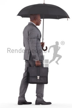 3d people business, black 3d man walking and holding umbrella
