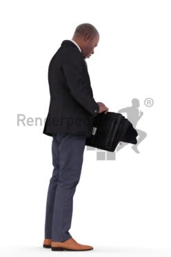 3d people business, black 3d man standing and holding briefcase