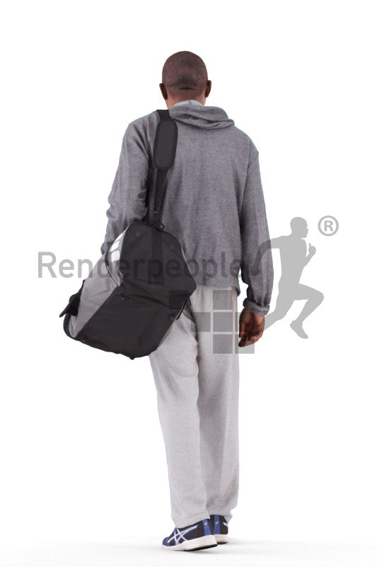 3d people sport, black 3d man walking and carrying sports bag