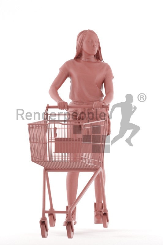 Photorealistic 3D People model by Renderpeople – african woman in daily outfit, carrying a cart in the supermarket
