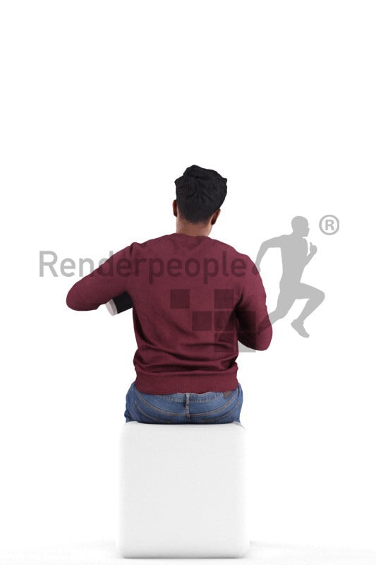 Posed 3D People model for renderings – indian man in casual look, sitting and filling his thermo cup