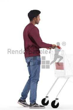 Scanned 3D People model for visualization – indian man in daily pullover, walking with trolley
