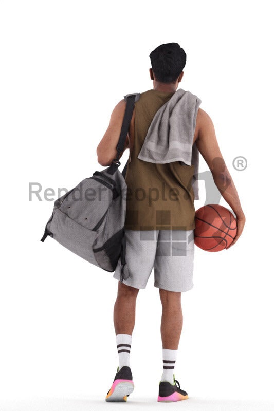 Scanned 3D People model for visualization – indian man in sports outfit, carrying towl, sportsbag and basketball while walking