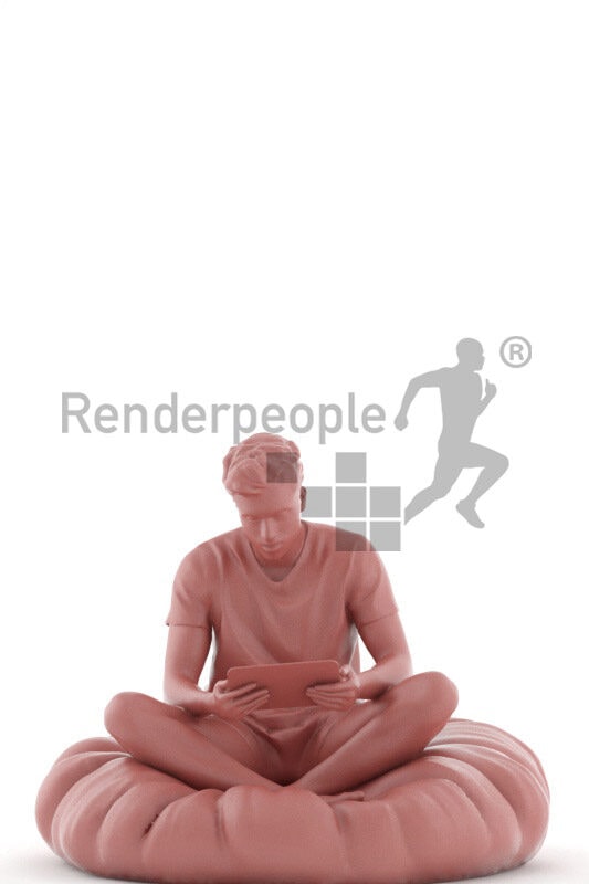 Photorealistic 3D People model by Renderpeople – indian man in sleepwear, sitting on a beanbag and watching something on the tablet