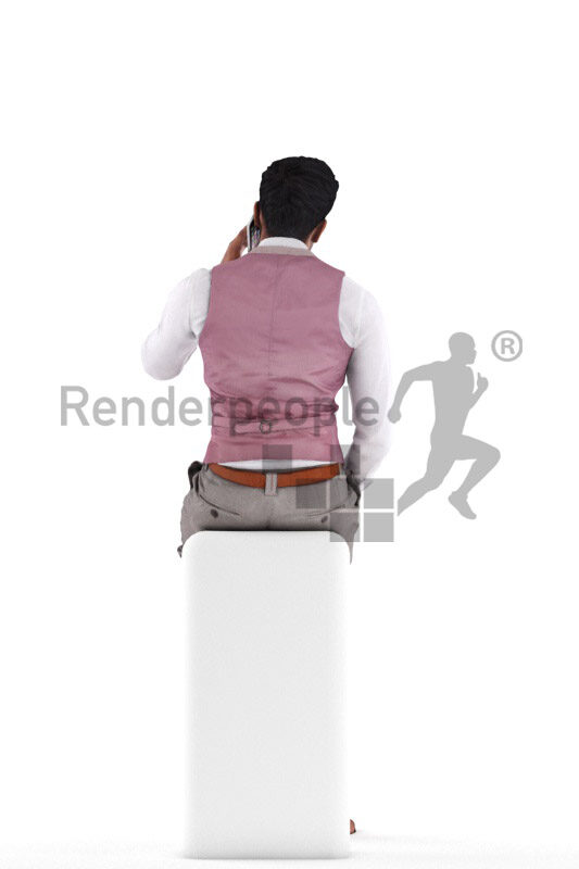Posed 3D People model for renderings – indian man in smart casual look, sitting and calling