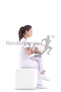 3d people healthcare, asian 3d woman doctor sitting and holding clipboard