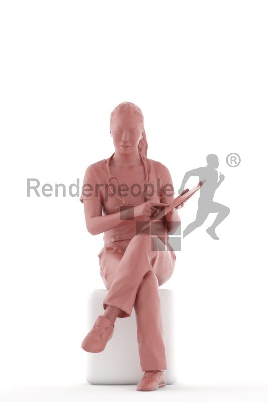 3d people healthcare, asian 3d woman doctor sitting and holding clipboard