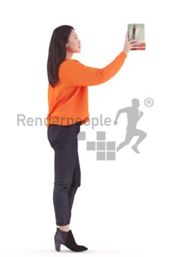 3d people casual, asian 3d woman standing and holding book