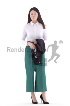 3d people business, asian 3d woman standing and holding jacket