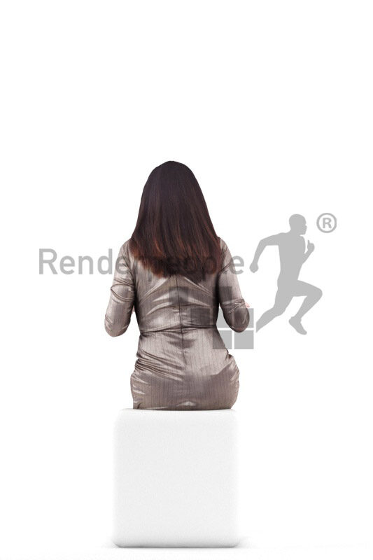 Posed 3D People model for visualization – asian woman in event dress, sitting and playing piano