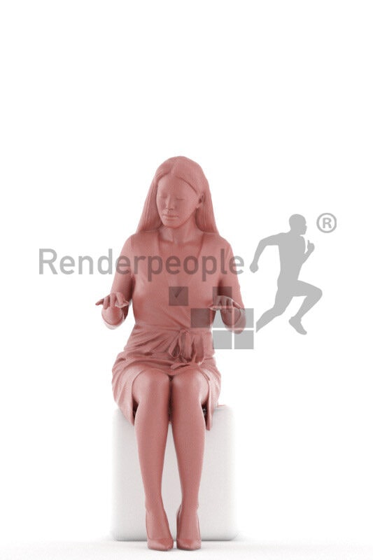 Posed 3D People model for visualization – asian woman in event dress, sitting and playing piano