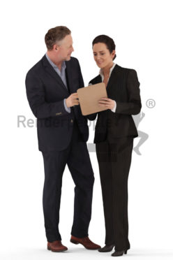 d people business, white 3d couple standing discussing while holding a clipboard