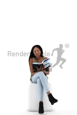 3d people casual, black 3d woman sitting and reading a book