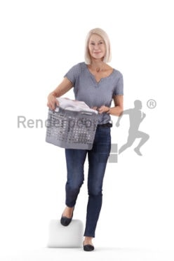 Scanned human 3D model by Renderpeople – old white woman, walking downstairs with a laundry basket
