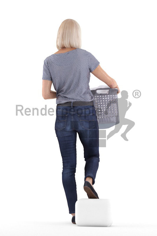 Scanned human 3D model by Renderpeople – old white woman, walking downstairs with a laundry basket