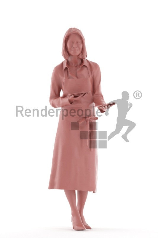 Posed 3D People model for renderings – Elderly european female, gastronomy, serving plates