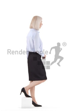 Posed 3D People model for visualization – elderly white woman, in business look walking downstairs