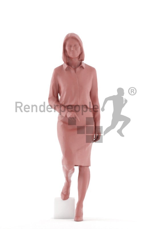Posed 3D People model for visualization – elderly white woman, in business look walking downstairs