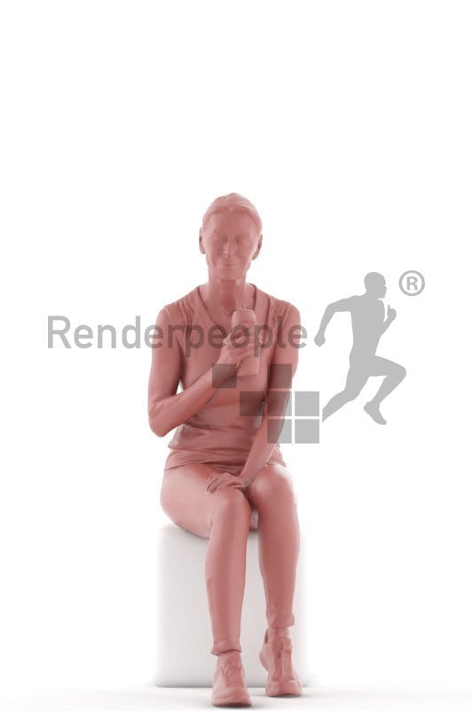 Posed 3D People model for renderings – old european woman sitting in sportswear, drinking from a botlle
