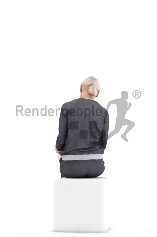Posed 3D People model for renderings – elderly white woman sitting in sleepwear and reading