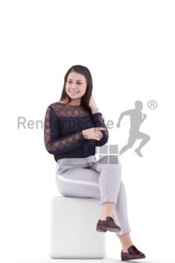 3d people casual, caucasian woman sitting and smiling