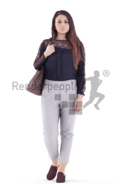 3d people casual, caucasian woman walking and holding bag