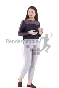 3d people caucasian woman walking with cup of coffee