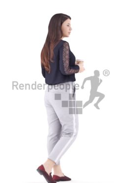 3d people caucasian woman walking with cup of coffee