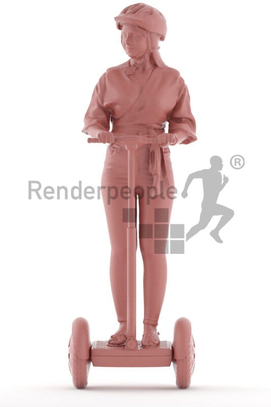 Photorealistic 3D People model by Renderpeople – middle eastern woman in smart casual outfit, wearing a helmet on e-scooter