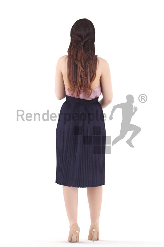 Posed 3D People model by Renderpeople – european woman in event dress, playing an instrument