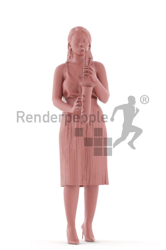 Posed 3D People model by Renderpeople – european woman in event dress, playing an instrument