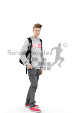 3d people kids, white 3d child standing wearing a backpack