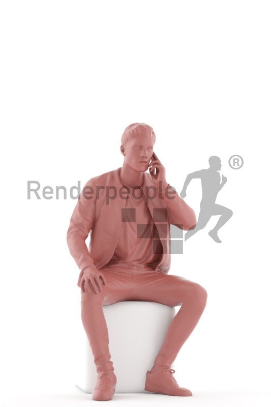 Posed 3D People model by Renderpeople – european man, casual look, sitting and calling