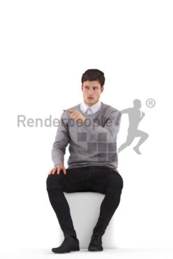 3d people smart casual, 3d white man, sitting and pointing
