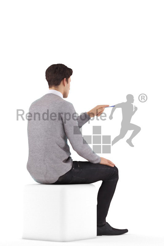 3d people smart casual, 3d white man, sitting and pointing