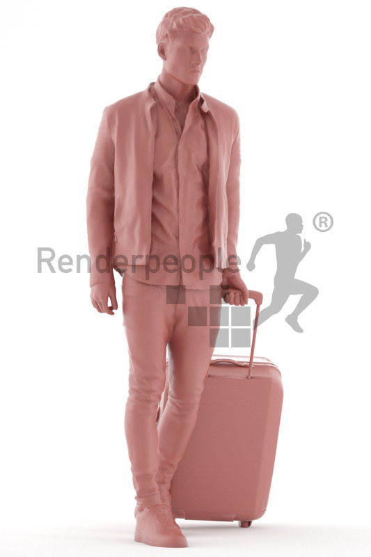 3d people casual, 3d white man walking with a trolley bag