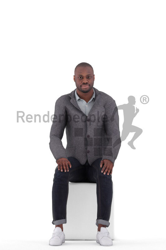 Animated 3D People model for realtime, VR and AR – black man in office look, sitting